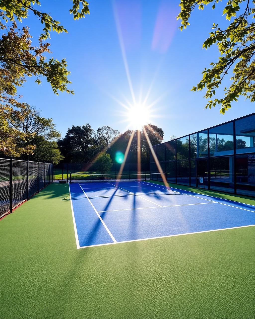 Sunlit padel court at the Moorestown Padel Club